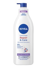 Bottiglia di crema corpo Nivea Repair & Care con pompa, idratazione 72h, senza profumo, per pelli secche e sensibili, contiene glicerina, provitamina B5, vitamina E.
