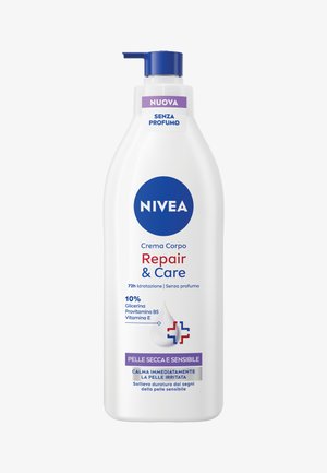 Bottiglia di crema corpo Nivea Repair & Care con pompa, idratazione 72h, senza profumo, per pelli secche e sensibili, contiene glicerina, provitamina B5, vitamina E.
