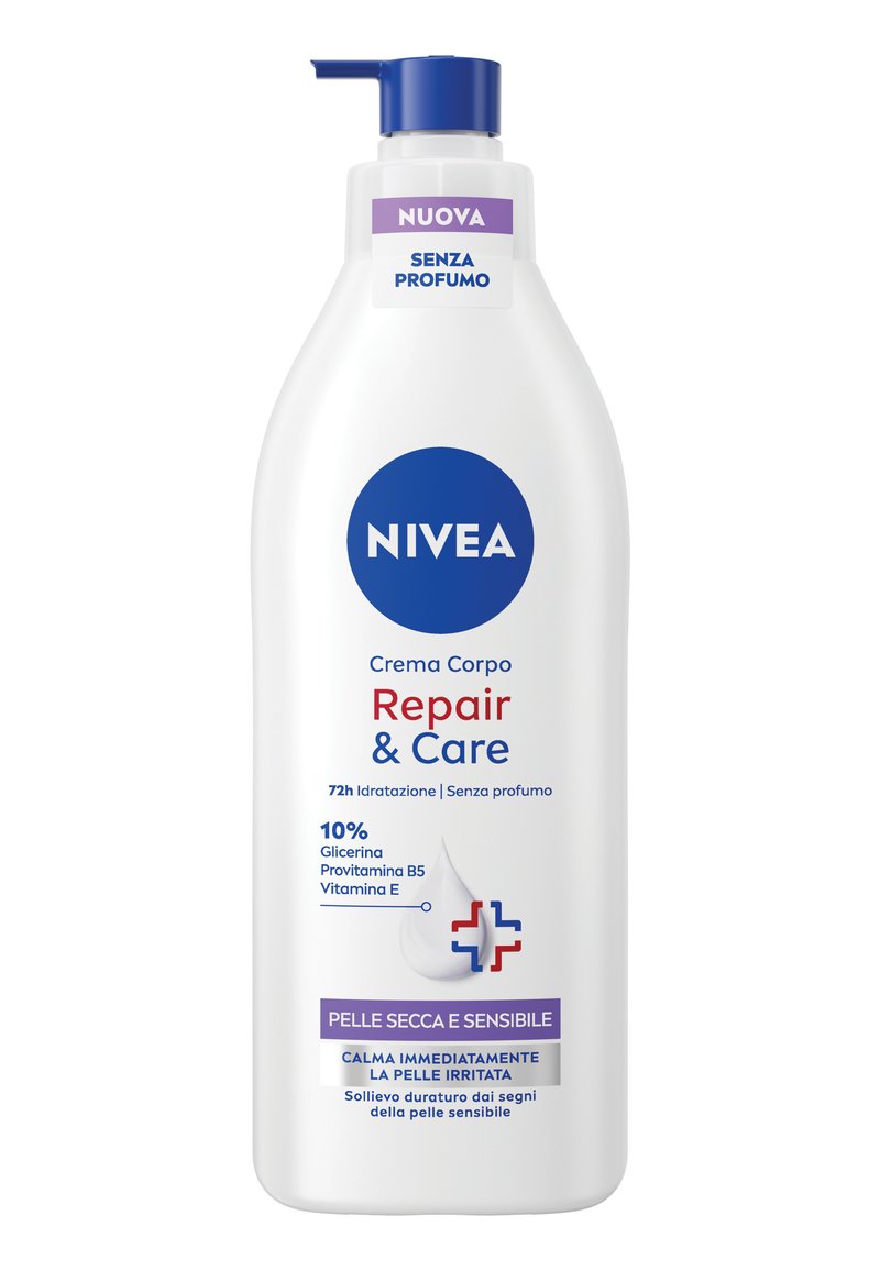 Bottiglia di crema corpo Nivea Repair & Care con pompa, idratazione 72h, senza profumo, per pelli secche e sensibili, contiene glicerina, provitamina B5, vitamina E.