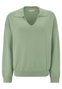 Pull en tricot à manches longues, couleur vert clair, avec un col en V et un col ouvert, des poignets et un ourlet côtelés.