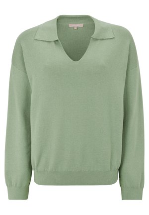 Pull en tricot à manches longues, couleur vert clair, avec un col en V et un col ouvert, des poignets et un ourlet côtelés.