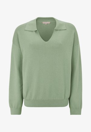 Světle zelený pletený svetr s dlouhým rukávem, výstřihem do V a rozšířeným límcem, s žebrovanými manžetami a lemem.