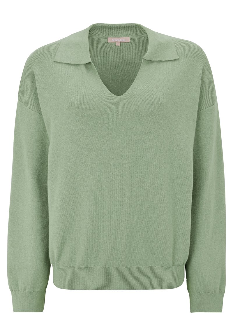 Pull en tricot à manches longues, couleur vert clair, avec un col en V et un col ouvert, des poignets et un ourlet côtelés.