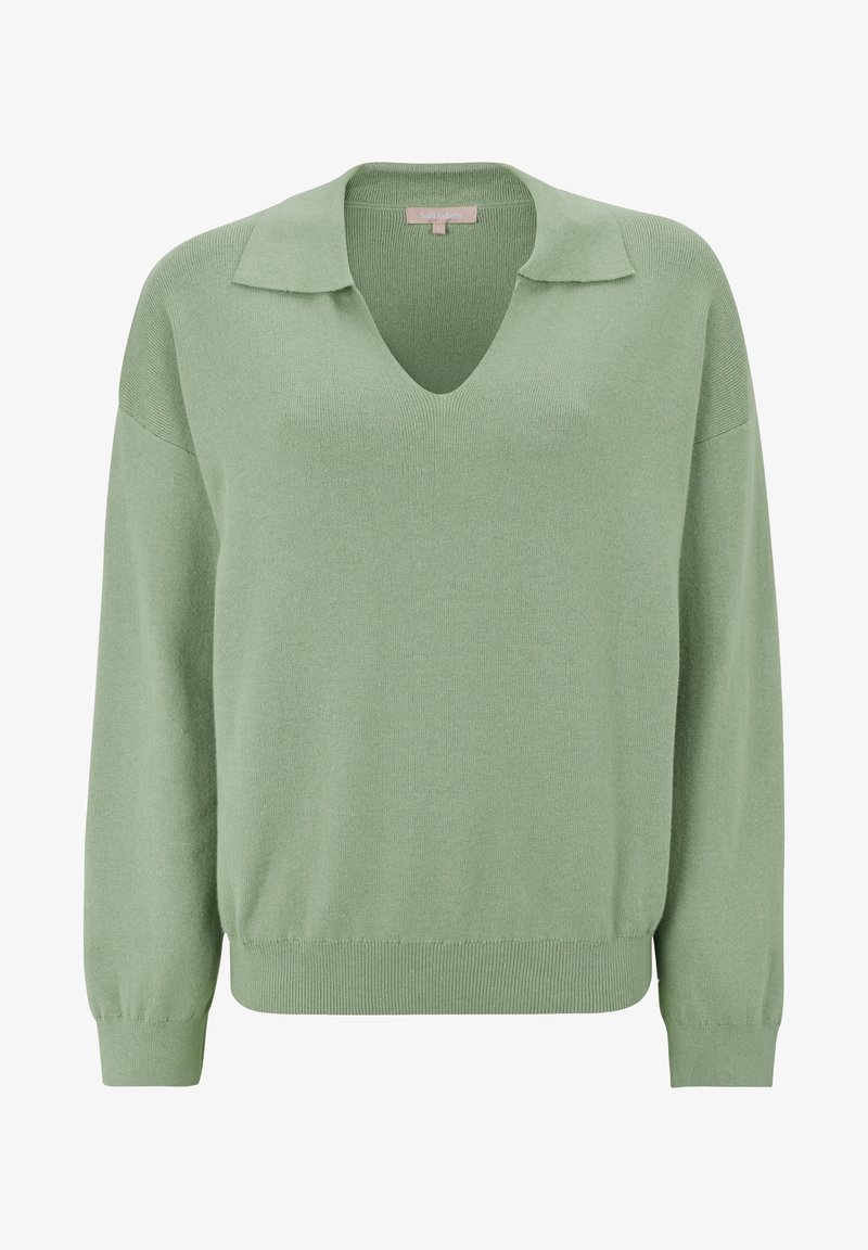 Pull en tricot à manches longues, couleur vert clair, avec un col en V et un col ouvert, des poignets et un ourlet côtelés.