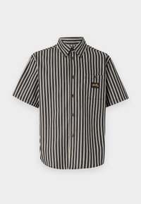 Short-sleeve button-up shirt featuring black and white vertical stripes, a patch pocket, and a small logo embroidered on the chest.