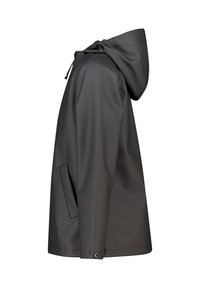 Grey waterproof jacket featuring a hood, a straight cut, and a side pocket. Smooth texture with minimal stitching details.