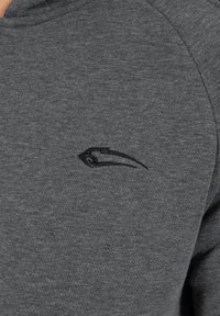 Hoodie gris en tissu doux, arborant un discret logo noir brodé sur la poitrine, avec un col rond et des manches raglan.