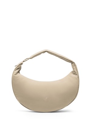 Beige, halbmondförmige Handtasche mit gepolstertem Griff und dezentem "Johnny Urban"-Logo in der Mitte auf der Vorderseite.