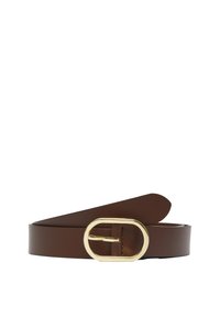 Bruine leren riem met een gouden ovale gesp, gladde textuur en taps toelopend uiteinde. Eenvoudig en functioneel accessoire zonder versieringen.