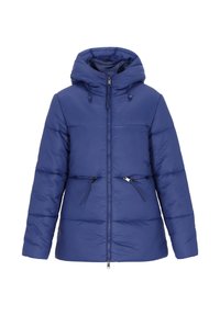 Blå puffjacka med huva, dragkedja fram, två dragkedjefickor på sidorna och kviltad design med en glansig finish.