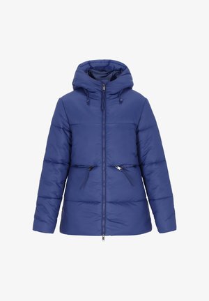 Blaues Pufferjackett mit Kapuze, Reißverschluss vorne, zwei seitliche Reißverschlusstaschen und gestepptem Design mit glänzender Oberfläche.