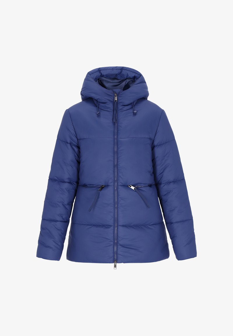 Zils pūkainais jaka ar kapuci, rāvējslēdzēja priekšpusi, divām rājiem sānu kabatām un kviltētu dizainu ar spīdīgu apdari.