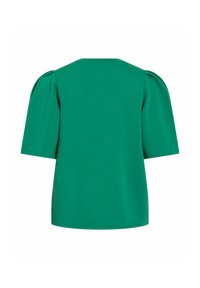 Top verde de manga corta con un escote redondeado y hombros abullonados. Fabricado en una tela suave con un corte relajado. Sin patrones o acentos notables.