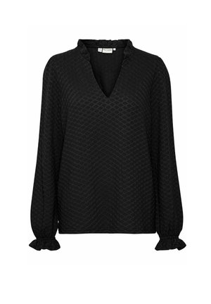 Sort langærmet bluse med V-hals, tekstureret mønster og flæseender. Fremstillet af letvægtsstof for en afslappet pasform.