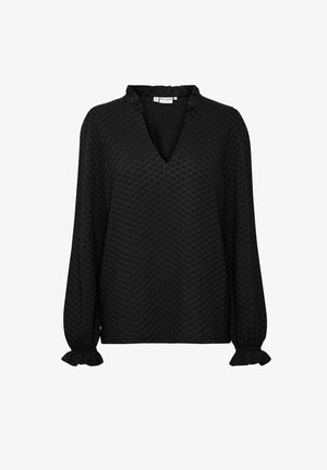 Sort langærmet bluse med V-hals, tekstureret mønster og flæseender. Fremstillet af letvægtsstof for en afslappet pasform.