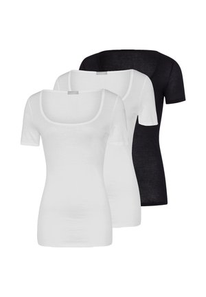 Drie effen dames-T-shirts met korte mouwen en een ronde hals in zwart en wit, overlappend weergegeven op een witte achtergrond.