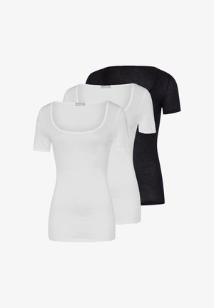 Trois t-shirts femmes basiques à manches courtes et col rond, en noir et blanc, présentés en chevauchement sur un fond blanc.