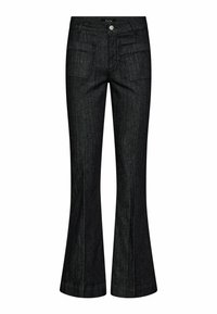 Jeans acampanados en denim oscuro. Presentan dos bolsillos frontales, un cierre de botón y detalles de costura en contraste. Diseño clásico de cinco bolsillos.