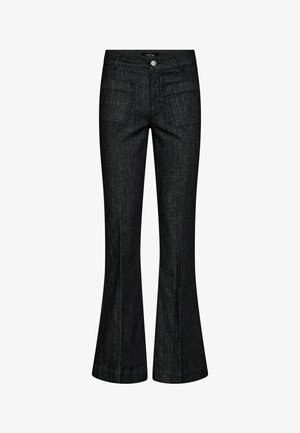 Jeans a zampa d'elefante in denim scuro. Presentano due tasche frontali, un bottone di chiusura e dettagli di cucitura a contrasto. Classico design a cinque tasche.