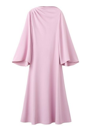 Vestido largo rosa claro con mangas anchas y acampanadas y detalle fruncido cerca del cuello alto, que fluye hasta un dobladillo a la altura de la rodilla.