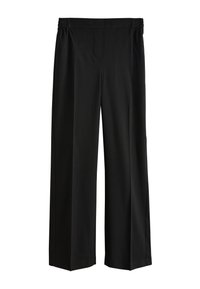 Pantalon noir à jambes larges avec une ceinture élastique, en textile lisse, sans motifs ni accents visibles, conçu pour le confort et la facilité.