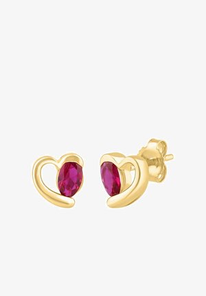 Pendientes de oro en forma de corazón con una piedra preciosa rosa intenso tallada en marquesa, acabado liso y cierre trasero seguro de tipo post.