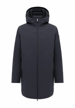 Lungo cappotto invernale blu navy scuro con cappuccio, cerniera frontale e due tasche laterali, mostrato su sfondo bianco.