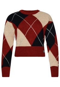 Punainen, musta ja beige neulepaita, jossa on argyle-kuvio, resorikaulus ja pitkät hihat sekä lyhennetty helma.