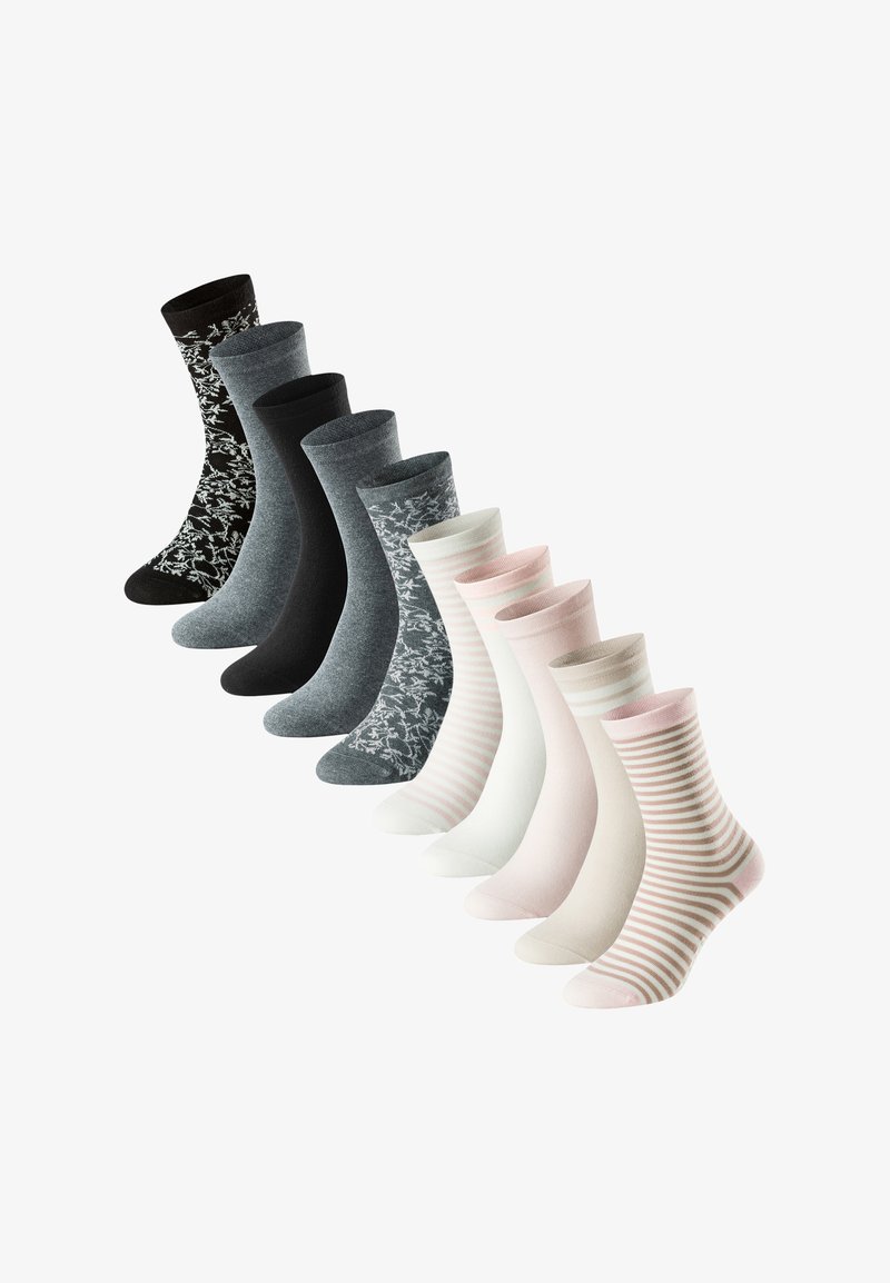 Ti par sokker i forskellige farver: sort med blomstermønster, mørkegrå, lysegrå, creme, pink og stribet pink og hvid.
