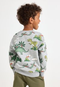 Junge mit lockigem Haar, der einen grauen Sweatshirt trägt, auf dem bunte Illustrationen von Dinosauriern, einem Vulkan, Wolken und Palmen zu sehen sind, und der seitlich blickt.