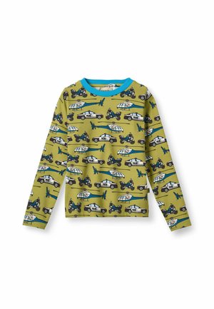 Grünes Kinderlangarmshirt mit blauem Kragen und wiederholtem Druck von Polizeihubschraubern, Polizeiautos und Motorrädern.