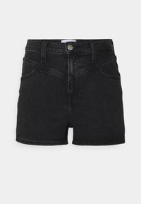 Black denim shorts with a fitted waist, front pockets, and a zip fly. The fabric features a smooth texture and minimal stitching details.
