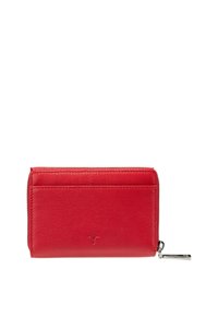 Portafoglio rosso in pelle con texture liscia, chiusura con zip e un accento argento con logo impresso sulla parte anteriore.