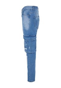 Blue denim cargo pants with a slim fit, featuring distressed detailing, patch pockets, and a tapered leg design.