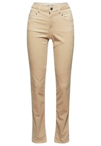 Jean beige slim avec poches avant, passants de ceinture et fermeture bouton-zip, vu de face sur fond blanc.