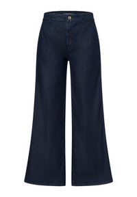 Brede denim broek in diepblauw, met een knoopsluiting, vijf zakken en een gladde textuur met subtiele stikdetails.