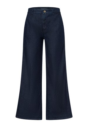 Wide-leg denim trousers in deep blue, featuring a button closure, five-pocket design, and a smooth texture with subtle stitching details.