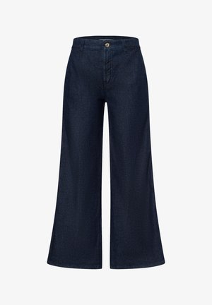 Wide-leg denim trousers in deep blue, featuring a button closure, five-pocket design, and a smooth texture with subtle stitching details.