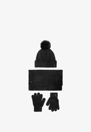 Schwarze Strickmütze mit Pompon, passendem Schal und Handschuhen. Weicher Stoff, gerippte Struktur und figurbetontes Design. Alle Teile in schlichtem Schwarz.