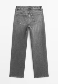 Gray straight-leg denim jeans shown from the back with two rear pockets and belt loops on the waistband.