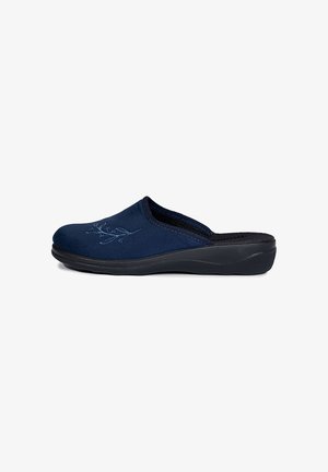 Granatowe buty wsuwane z miękkiego materiału z haftowanym wzorem kwiatowym, okrągły czubek i czarna, teksturowana kauczukowa podeszwa.