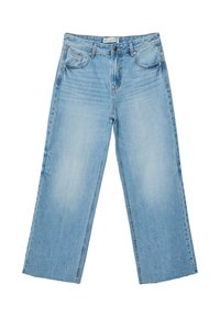 Světlé modré džíny širokého střihu s vysokým pasem, pěti kapsami, viditelným prošitím a zapínáním na knoflík. Hladká textura se světle vybledlým povrchem.