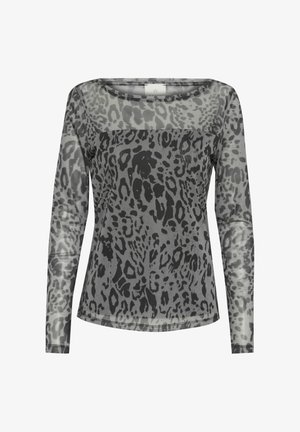 Pikad varrukad, läbipaistvast hallist kangast, musta leopardimustriga topp, ümar kaelus ja kergelt istuv vorm.