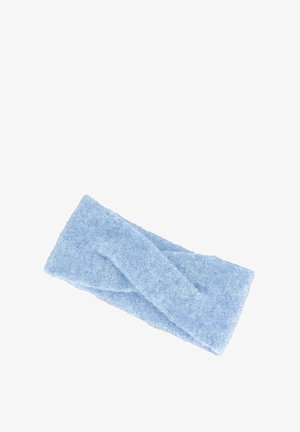 Fascia per capelli azzurro chiaro in tessuto con una finitura a maglia strutturata. Presenta un design a nodo attorcigliato al centro, che offre una vestibilità morbida e elastica.