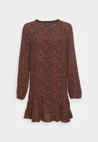 Vestido de estampado de leopardo em cobre e preto, manga longa, gola redonda, franzido na cintura, bainha larga, tecido leve com textura suave.