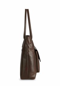 Sac cabas en cuir marron foncé avec longues anses et poche frontale externe, présenté de profil sur fond blanc.