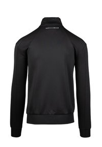 Zwarte sportjack met hoge kraag, gestructureerde zijpanele en geribde manchetten. 'GORILLAWEAR' logo in het wit op de achterkant.