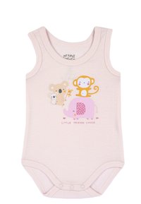 Bodysuit sans manches pour bébé, en coton rose clair, avec un imprimé de singe, koala et éléphant, ornés d'accents pastel et de motifs texturés.
