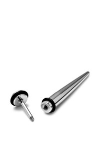 Metalisk, poleret kegleformet genstand med en gevindbund og en sort gummidetalje. Glat overflade, strømlinet design.
