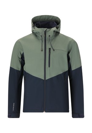 Vandtæt jakke i olivengrøn og marineblå. Har hætte, lynlåslommer og et vinklet farveblokdesign med en glat tekstur.